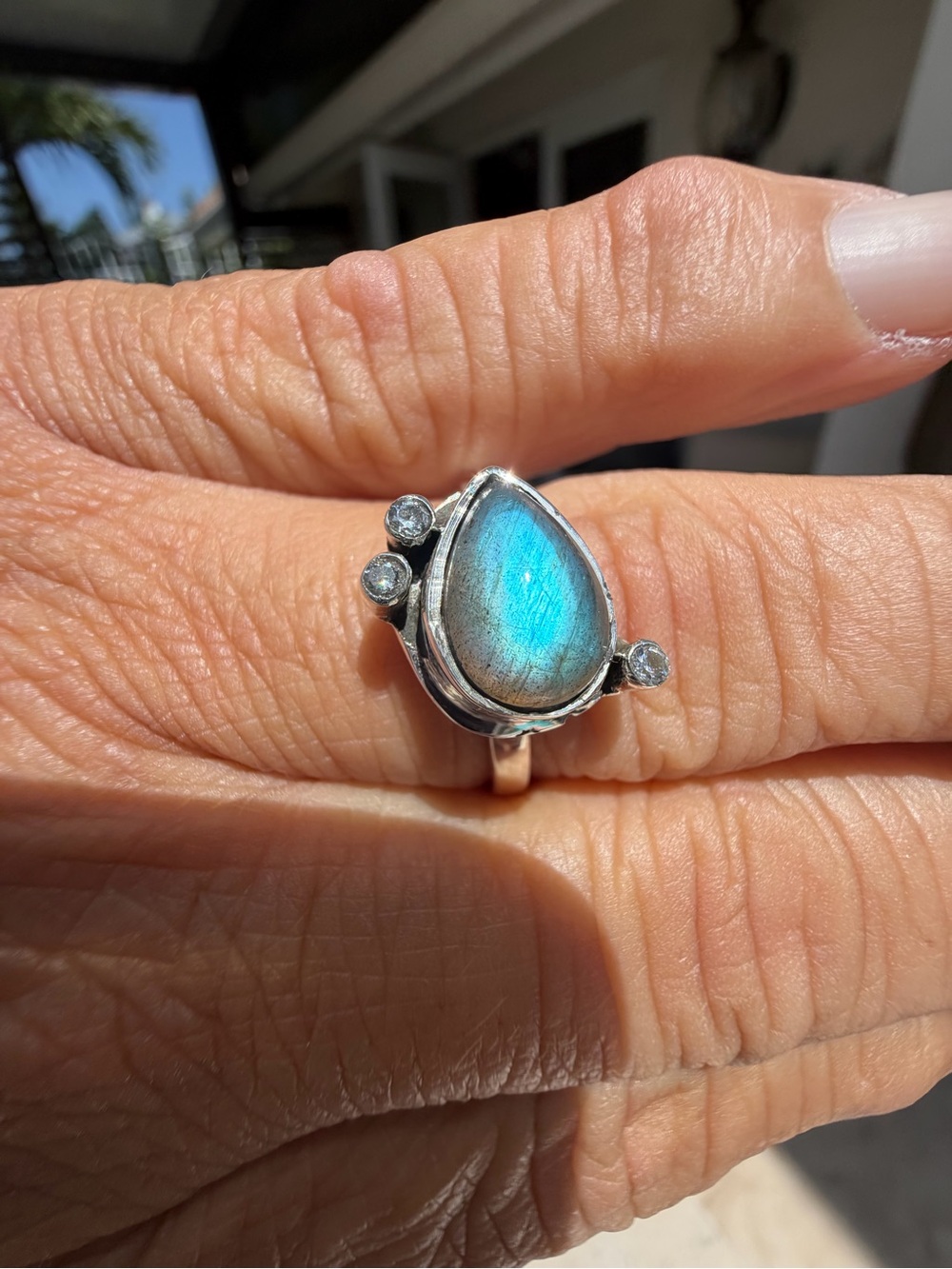 Sterling Silver Labradorite Teardrop Ring with Diamond Accents Size 10